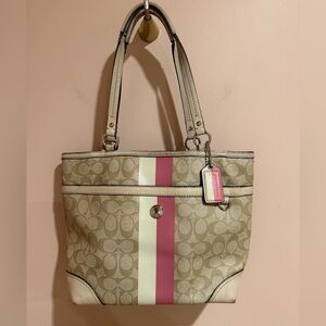 Coach Beige and Pink Stripe Tote